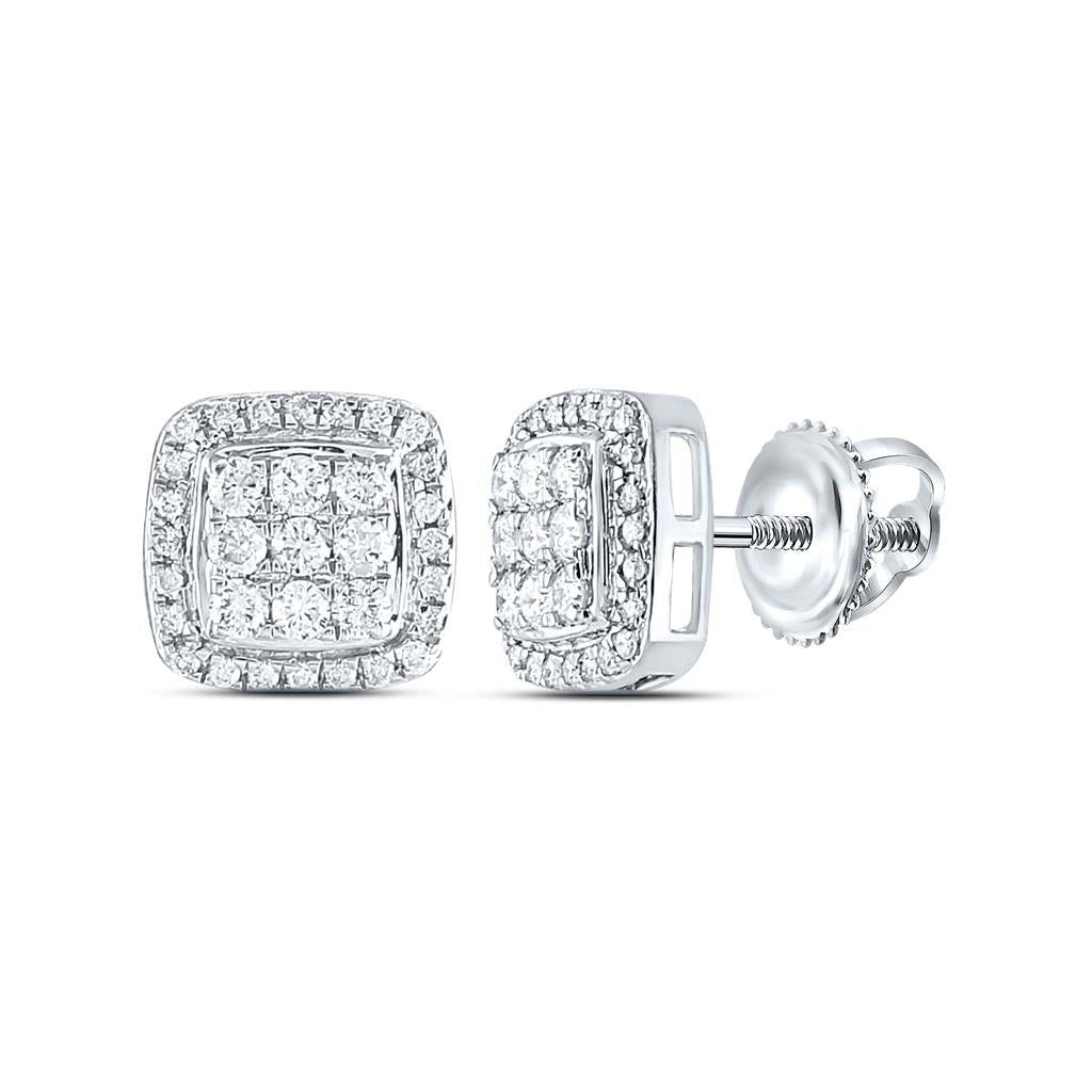 14k White Gold Round Diamond Square Cluster Earrings 1/2 Cttw