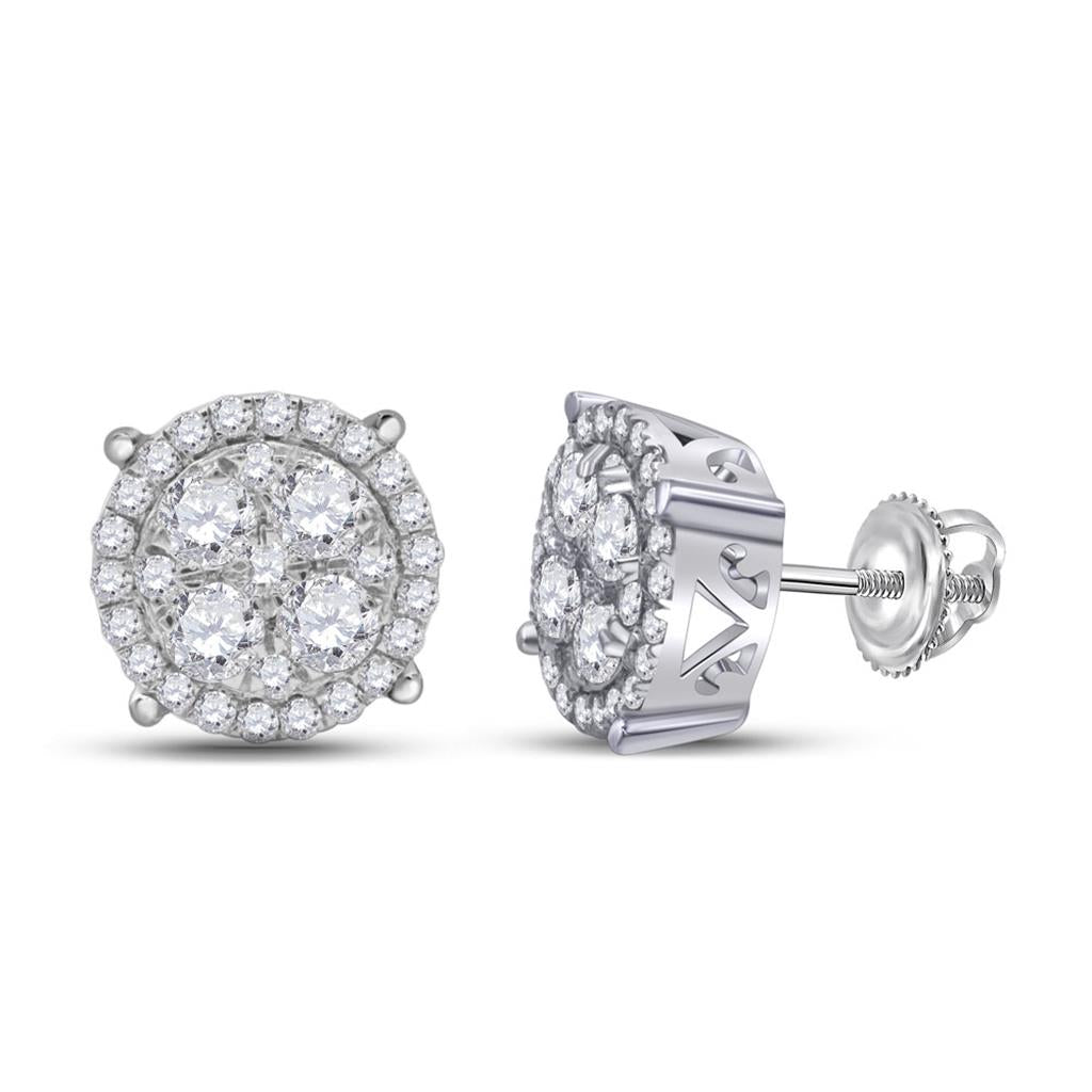 14k White Gold Round Diamond Cluster Earrings 1 Cttw
