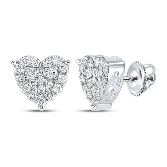 14k White Gold Round Diamond Heart Cluster Stud Earrings 3/4 Cttw