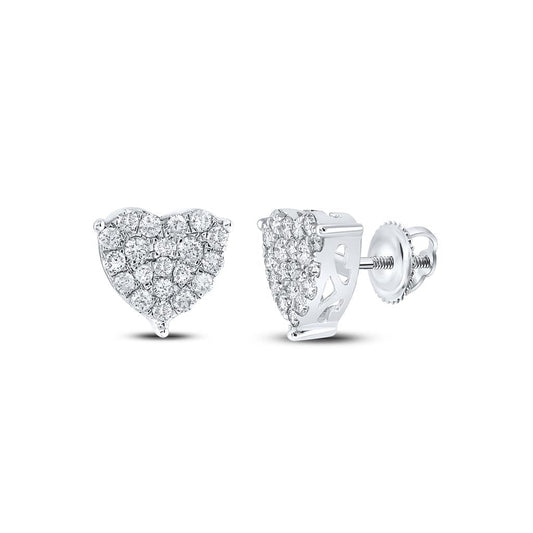 14k White Gold Round Diamond Heart Earrings 1 Cttw