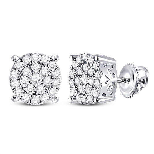 14k White Gold Round Diamond Cluster Earrings 1 Cttw