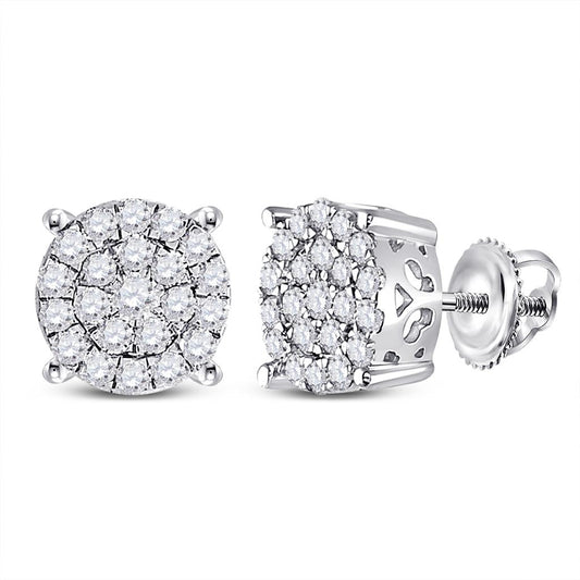14k White Gold Round Diamond Cluster Earrings 1 Cttw