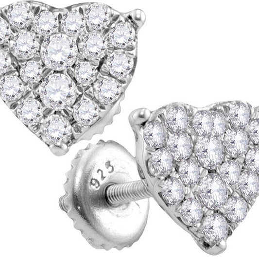 14k White Gold Round Diamond Heart Cluster Stud Earrings 3/4 Cttw