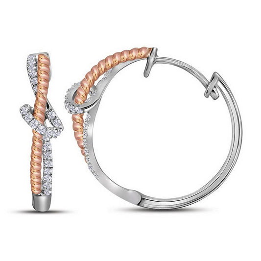 14k White Gold Round Diamond Rose-tone Rope Hoop Earrings 1/4 Cttw