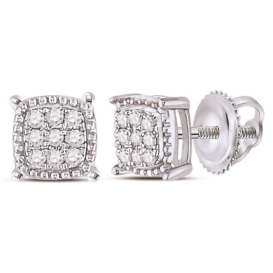14kt White Gold Round Diamond Square Milgrain Cluster Earrings 1/10 Cttw