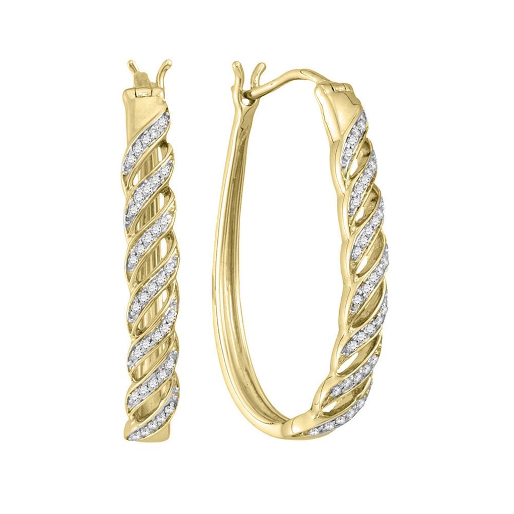 10k Yellow Gold Round Diamond Oblong Hoop Earrings 1/5 Cttw