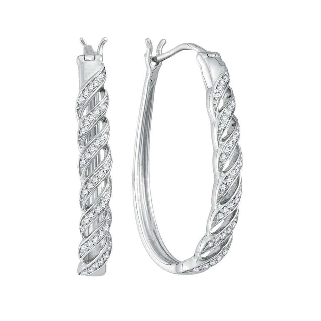 14k White Gold Round Diamond Oblong Hoop Earrings 1/5 Cttw