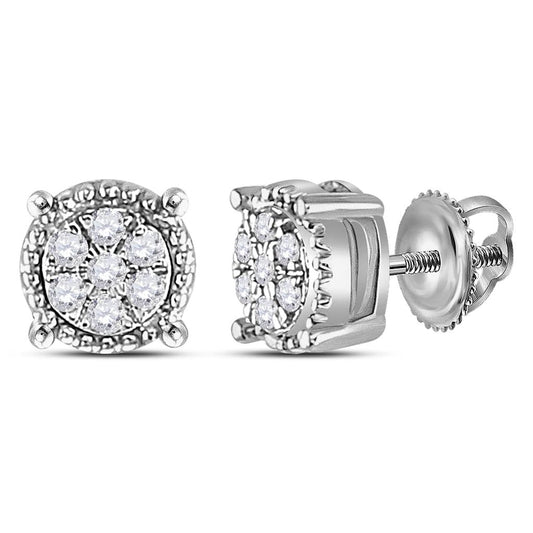 14k White Gold Round Diamond Flower Cluster Earrings 1/10 Cttw