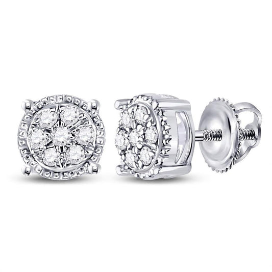 14k White Gold Round Diamond Flower Cluster Earrings 1/6 Cttw