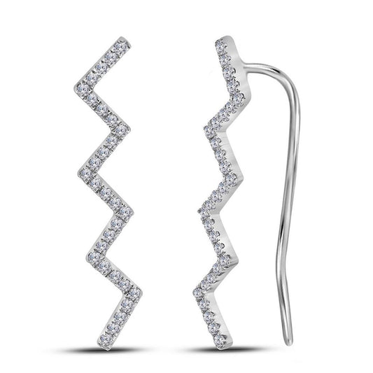 14k White Gold Round Diamond Zig Zag Climber Earrings 1/6 Cttw