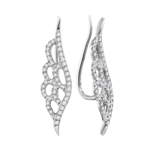 14k White Gold Round Diamond Winged Climber Earrings 1/3 Cttw