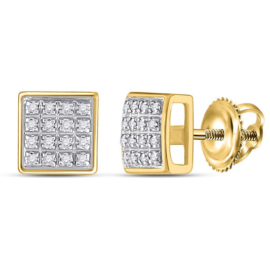 10k Yellow Gold Round Diamond Square Cluster Earrings 1/10 Cttw