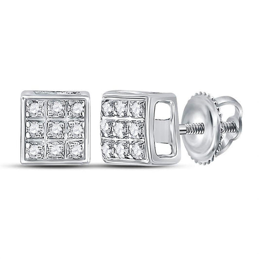 14k White Gold Round Diamond Square Cluster Earrings 1/20 Cttw