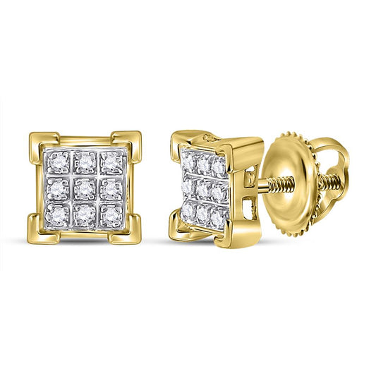 10k Yellow Gold Round Diamond Square Cluster Earrings 1/20 Cttw