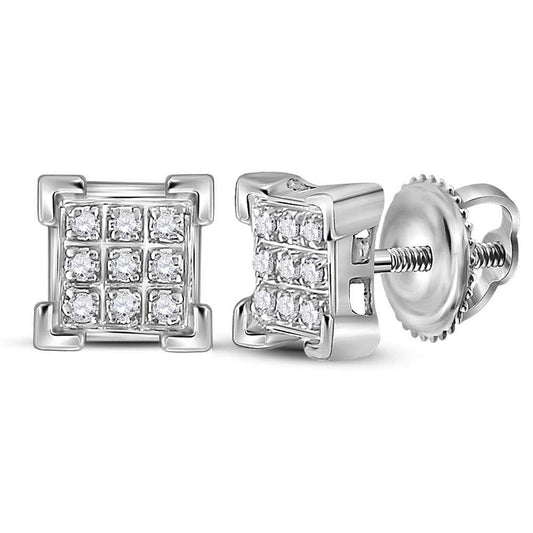 14k White Gold Round Diamond Square Cluster Earrings 1/20 Cttw