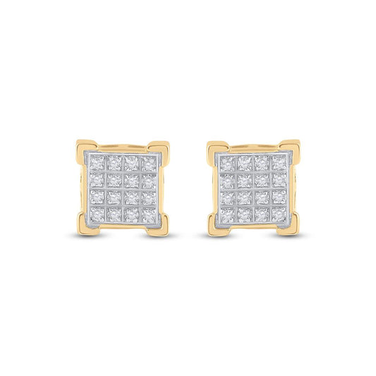 10k Yellow Gold Round Diamond Square Cluster Earrings 1/10 Cttw