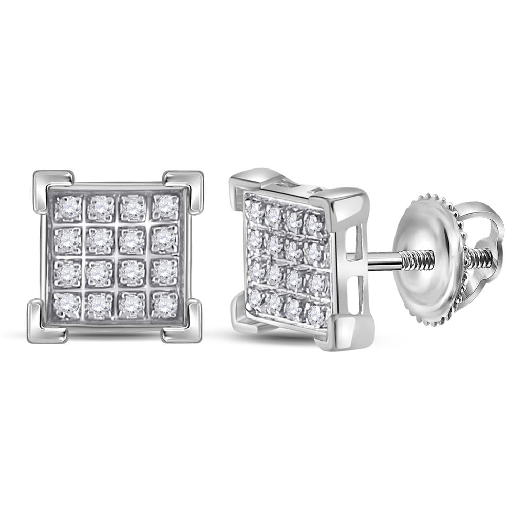 14k White Gold Round Diamond Square Cluster Earrings 1/10 Cttw