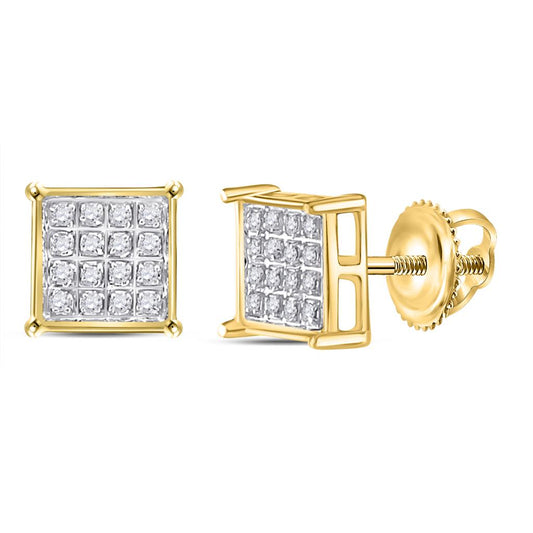 10k Yellow Gold Round Diamond Square Cluster Earrings 1/10 Cttw