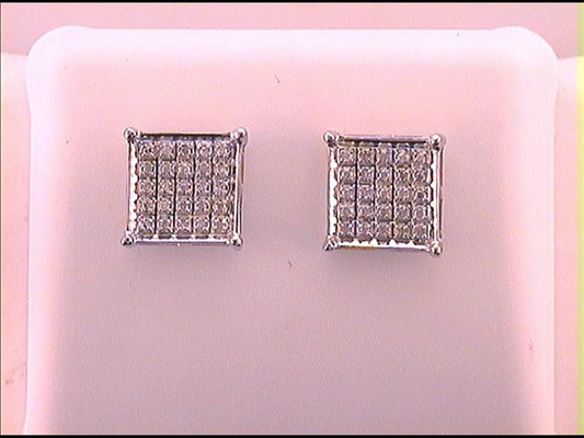 14k White Gold Round Diamond Square Cluster Earrings 1/6 Cttw