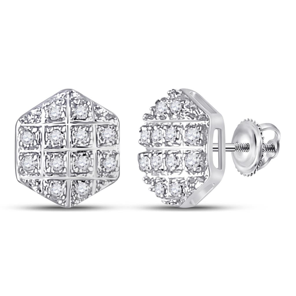 14k White Gold Round Diamond Hexagon Stud Earrings 1/10 Cttw