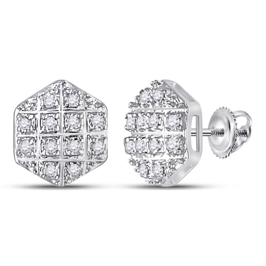 14k White Gold Round Diamond Hexagon Stud Earrings 1/10 Cttw