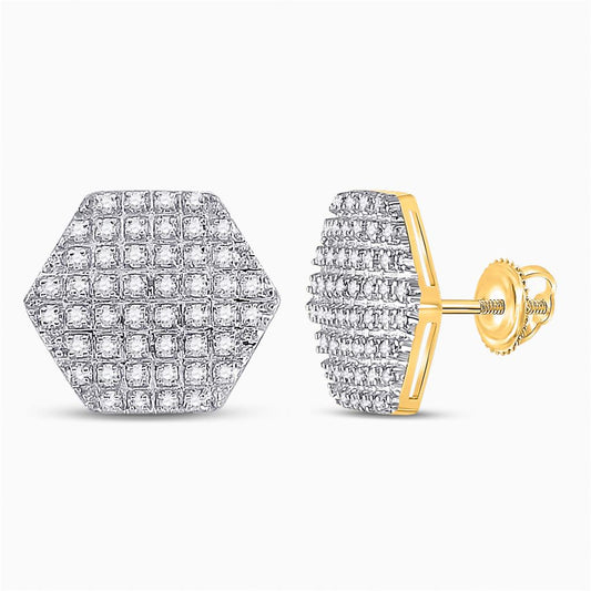 10k Yellow Gold Round Diamond Hexagon Stud Earrings 1/3 Cttw