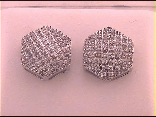 14k White Gold Round Diamond Hexagon Stud Earrings 1/3 Cttw