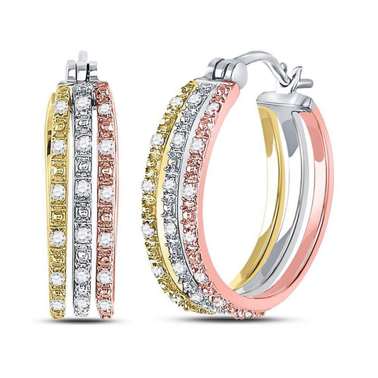 14k Tri-Tone Gold Round Diamond Triple Row Hoop Earrings 1/5 Cttw