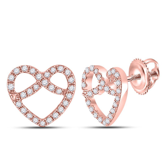 14k Rose Gold Round Diamond Pretzel Heart Earrings 1/6 Cttw