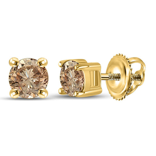 10k Yellow Gold Round Brown Diamond Stud Earrings 1/2 Cttw