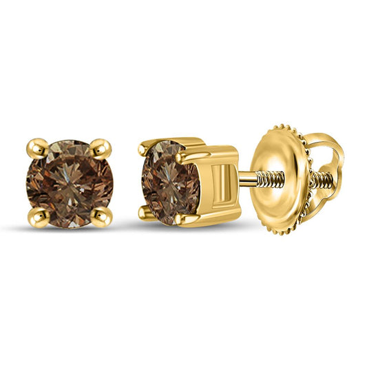 10k Yellow Gold Round Brown Diamond Solitaire Earrings 1 Cttw