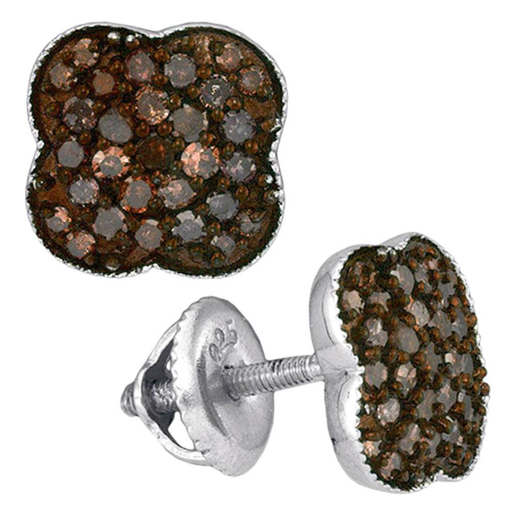 14k White Gold Round Brown Diamond Cluster Earrings 1/2 Cttw