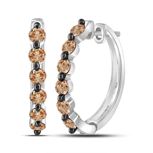 14k Rose Gold Round Brown Diamond Hoop Earrings 1 Cttw