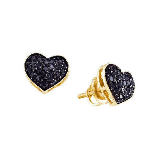 14k Yellow Gold Round Black Diamond Heart Earrings 3/8 Cttw