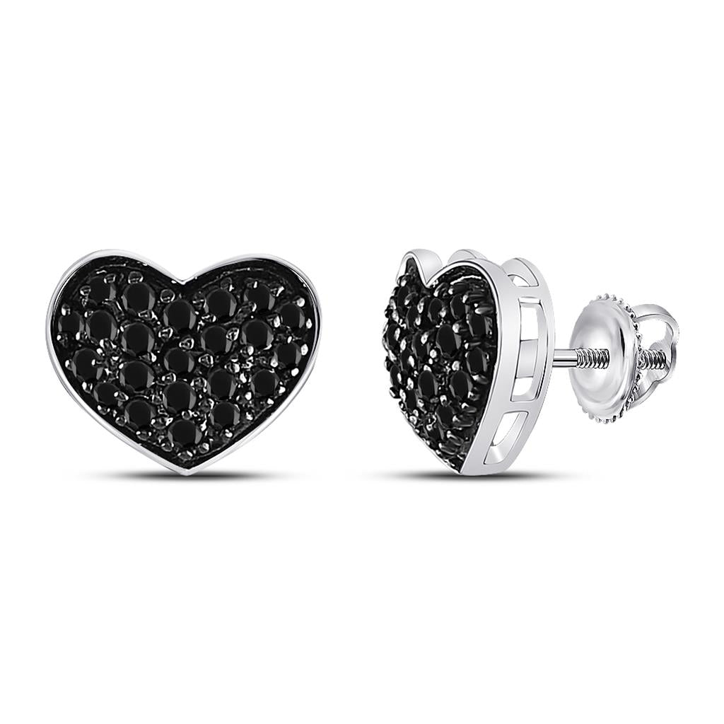 14k White Gold Round Black Diamond Heart Earrings 3/8 Cttw