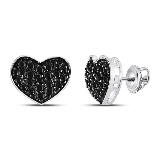 14k White Gold Round Black Diamond Heart Earrings 3/8 Cttw