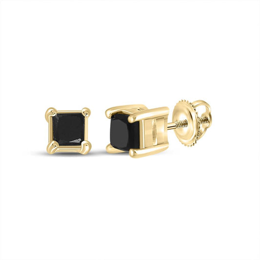 10k Yellow Gold Princess Black Diamond Solitaire Earrings 3/4 Cttw