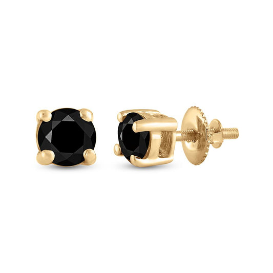 10k Yellow Gold Round Black Diamond Solitaire Earrings 3/4 Cttw