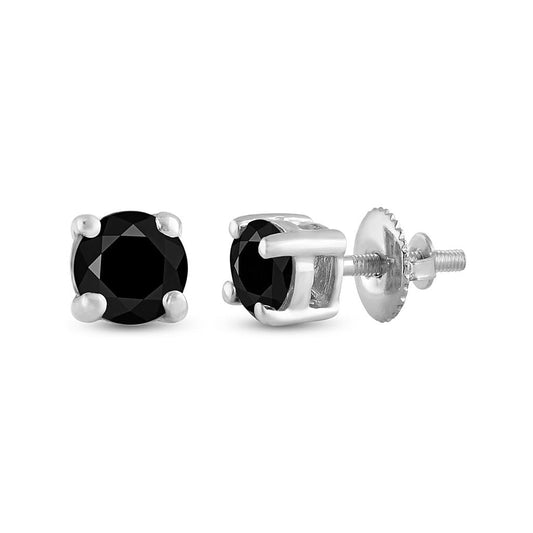 14k White Gold Round Black Diamond Solitaire Earrings 3/4 Cttw
