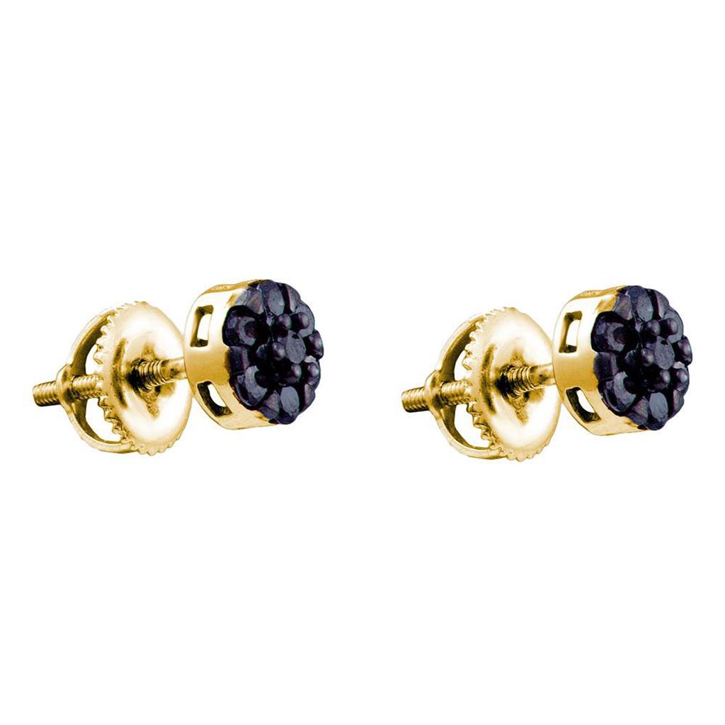 14k Yellow Gold Round Black Diamond Cluster Earrings 3/8 Cttw
