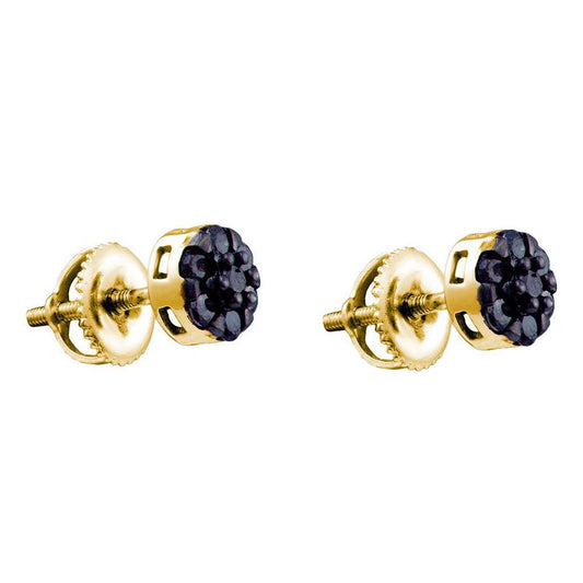 14k Yellow Gold Round Black Diamond Cluster Earrings 3/8 Cttw