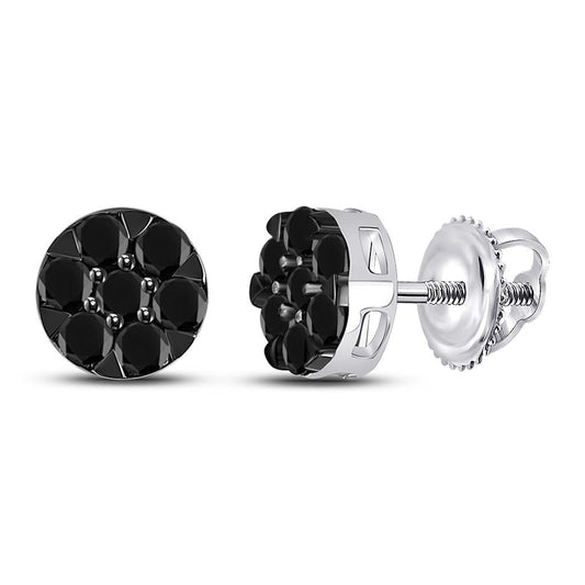 14k White Gold Round Black Diamond Cluster Earrings 3/8 Cttw