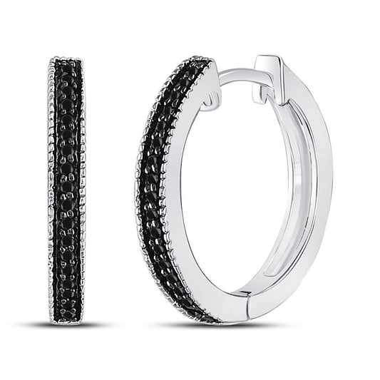 14k White Gold Round Black Diamond Hoop Earrings 1/10 Cttw