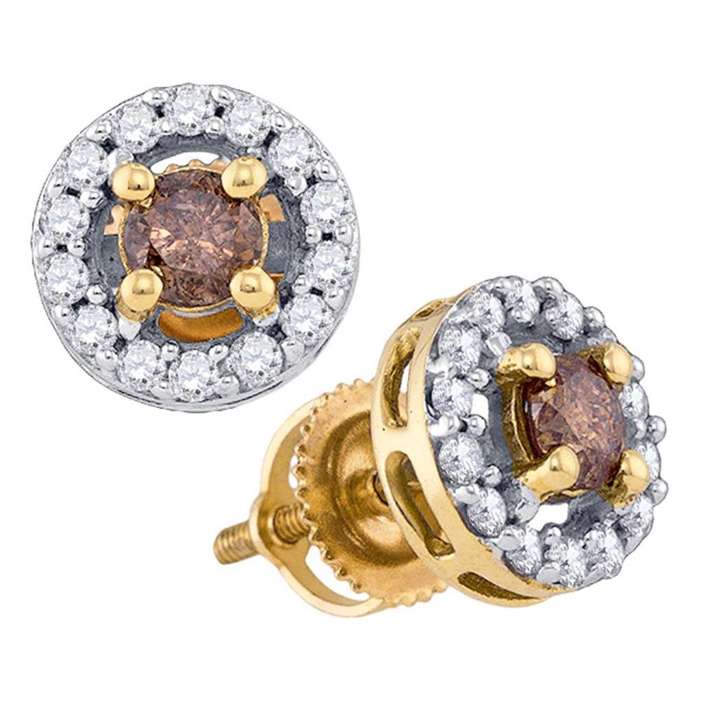 10k Yellow Gold Round Brown Diamond Halo Stud Earrings 3/4 Cttw