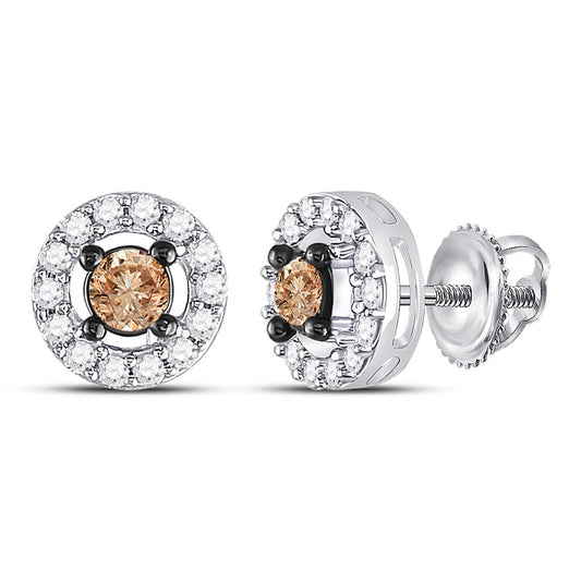14k White Gold Brown Round Diamond Stud Earrings 3/4 Cttw