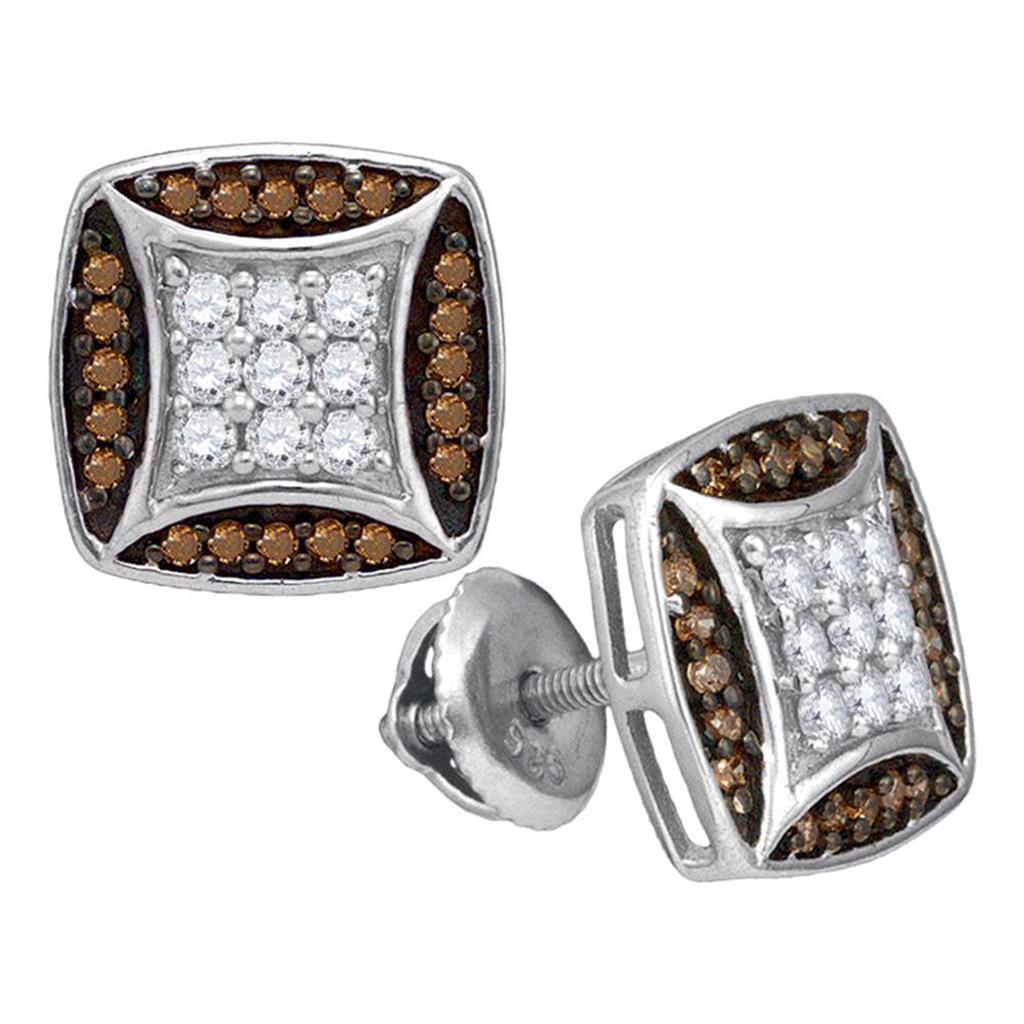 14k White Gold Brown Diamond Square Cluster Earrings 1/2 Cttw