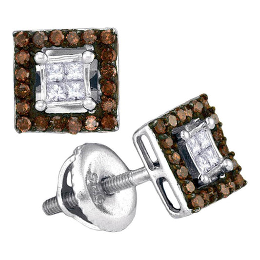 14k White Gold Brown Diamond Square Cluster Earrings 1/3 Cttw