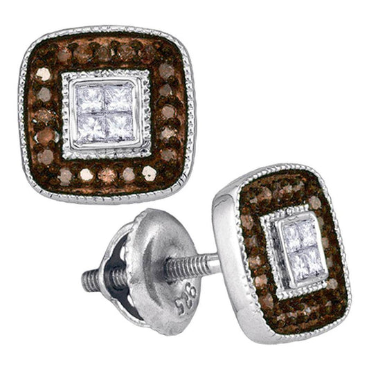 14k White Gold Brown Diamond Square Cluster Earrings 1/3 Cttw