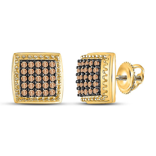 10k Yellow Gold Round Brown Diamond Square Cluster Earrings 1/2 Cttw