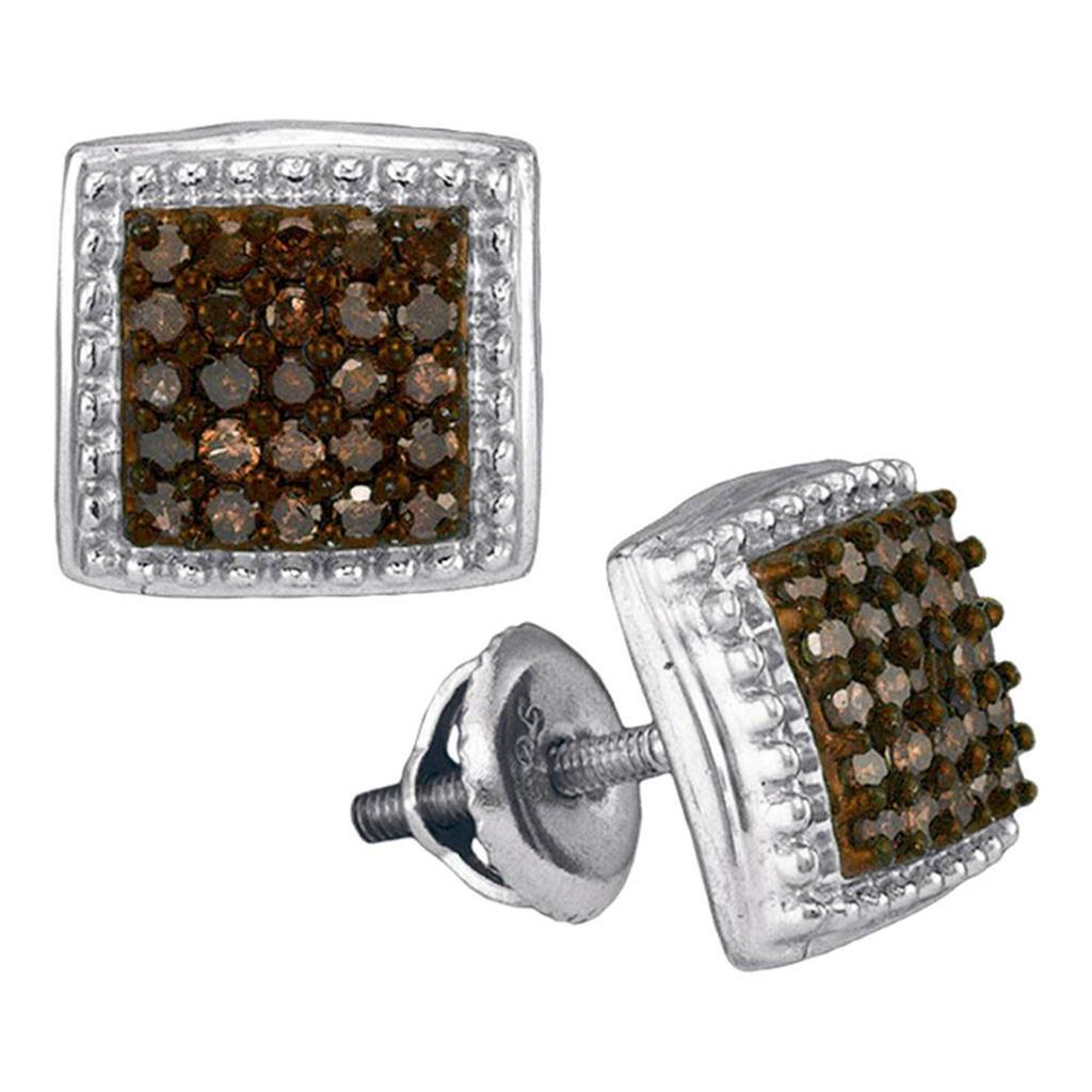 14k White Gold Brown Round Diamond Square Stud Earrings